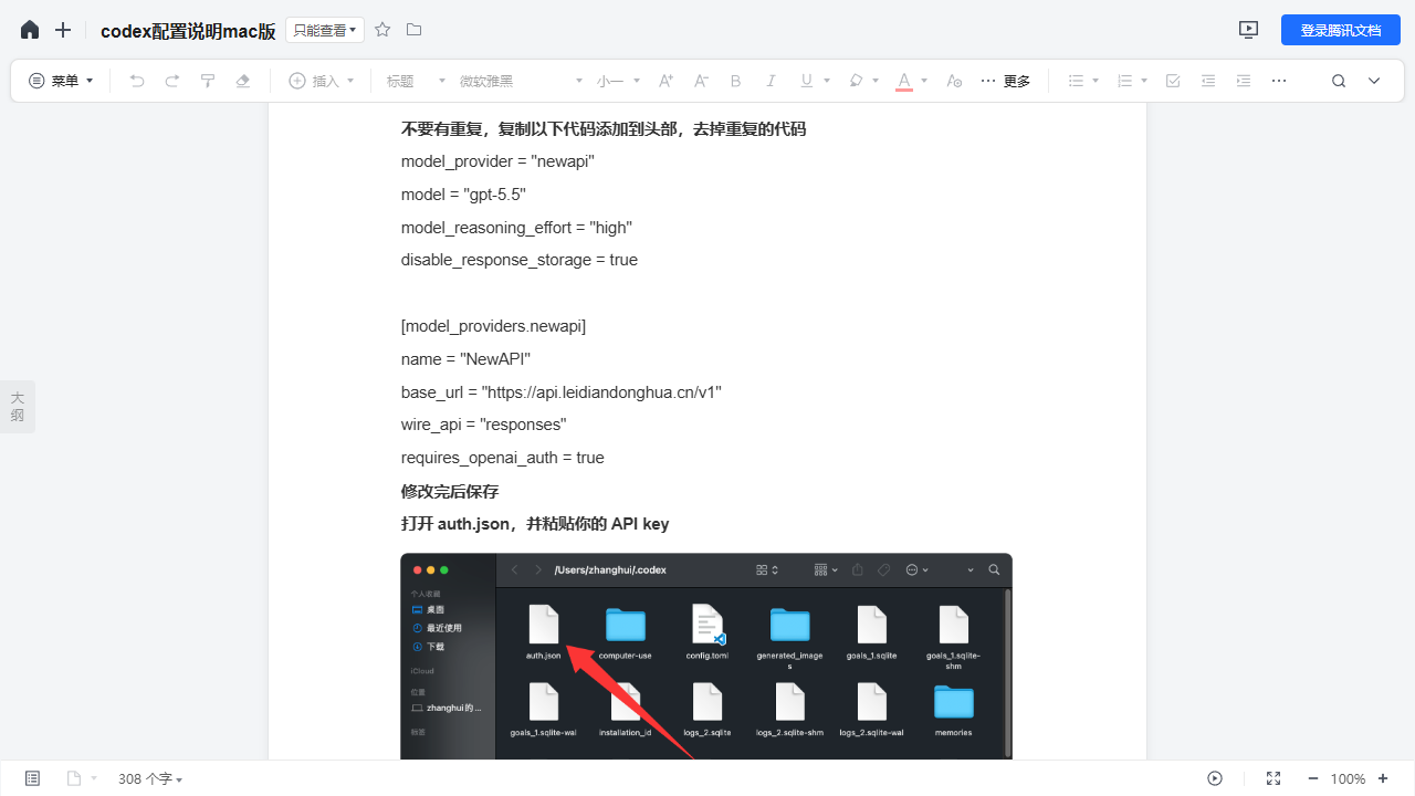 Mac 版打开 auth.json 并准备粘贴 API Key