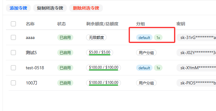 令牌列表显示 default 分组和 1x 倍率