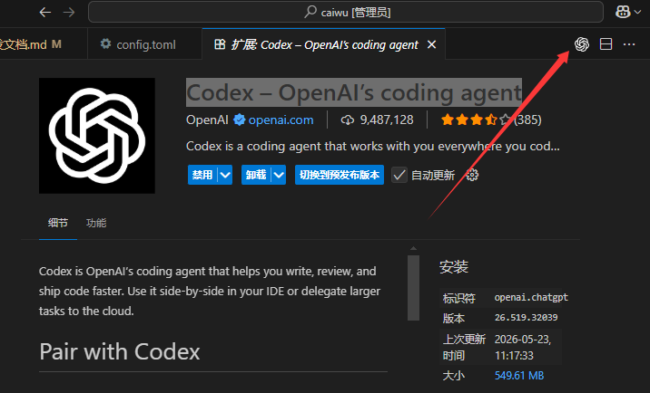 VS Code 右上角 Codex 图标