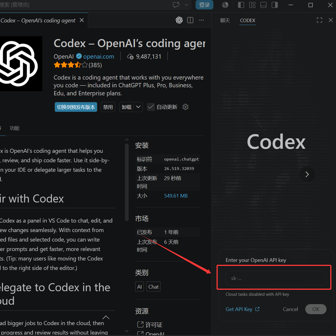 VS Code Codex 插件输入 OpenAI API Key