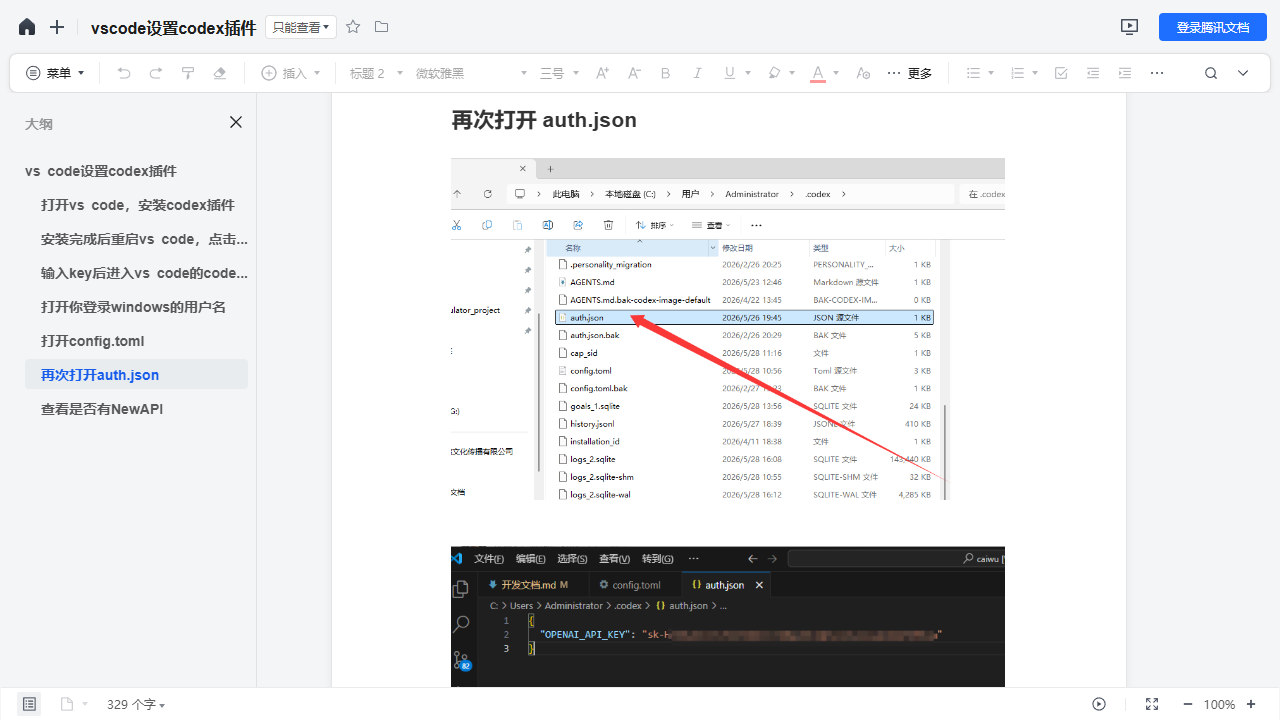 再次打开 auth.json 并写入 OPENAI_API_KEY